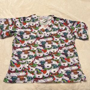 Colorful Christmas Bear Print Scrub Top